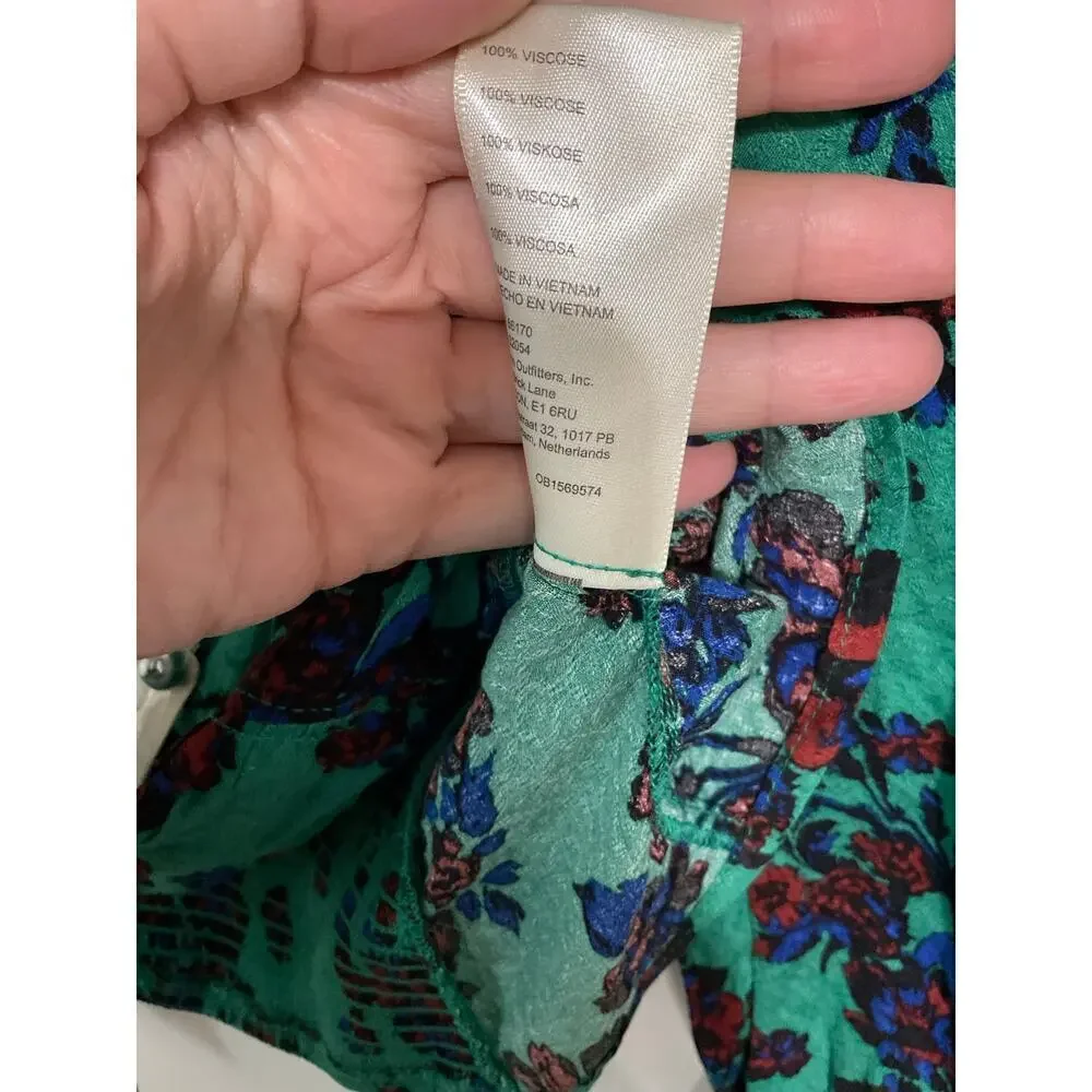 NWT Free People Crop Top Size Small Floral Blouse Puff Sleeve $98 Tie Back Green